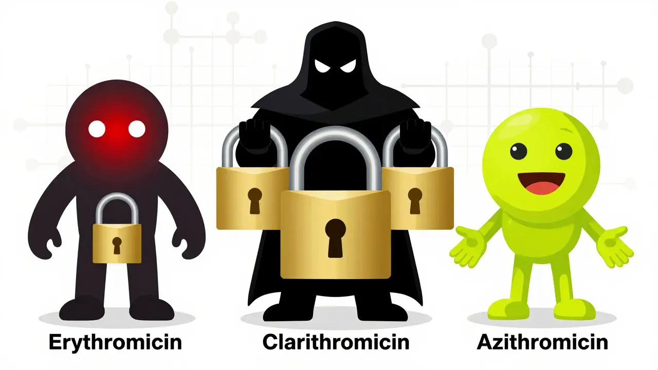 Cartoon comparison of macrolide antibiotics showing clarithromycin as high risk