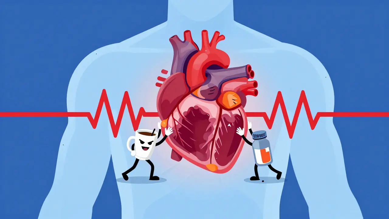 Cartoon showing caffeine and stimulants straining the heart with rapid beats