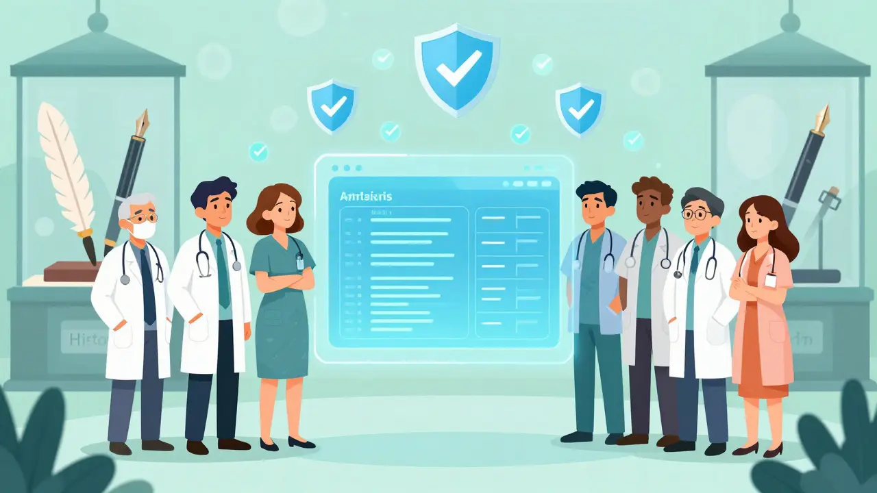 Cartoon showing medical staff using safe digital prescription system, retiring old pens.