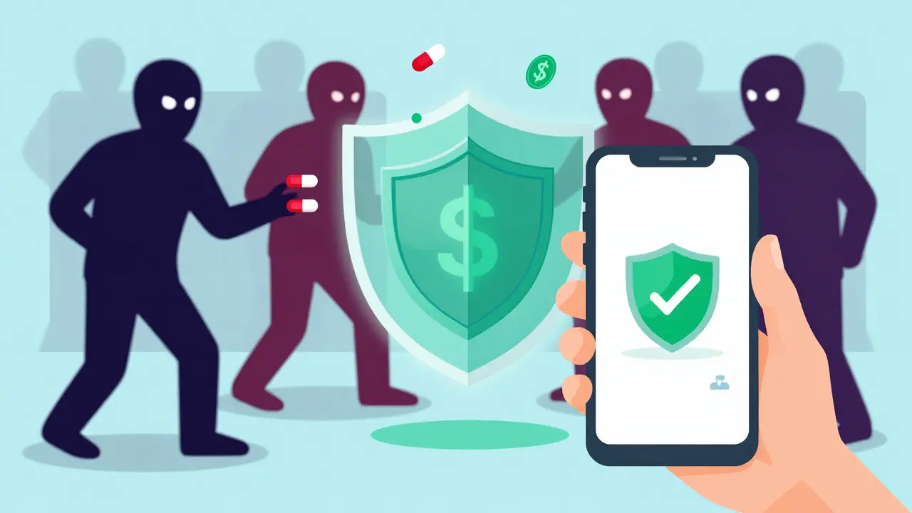 Cartoon showing safe verified online pharmacy blocking scam websites