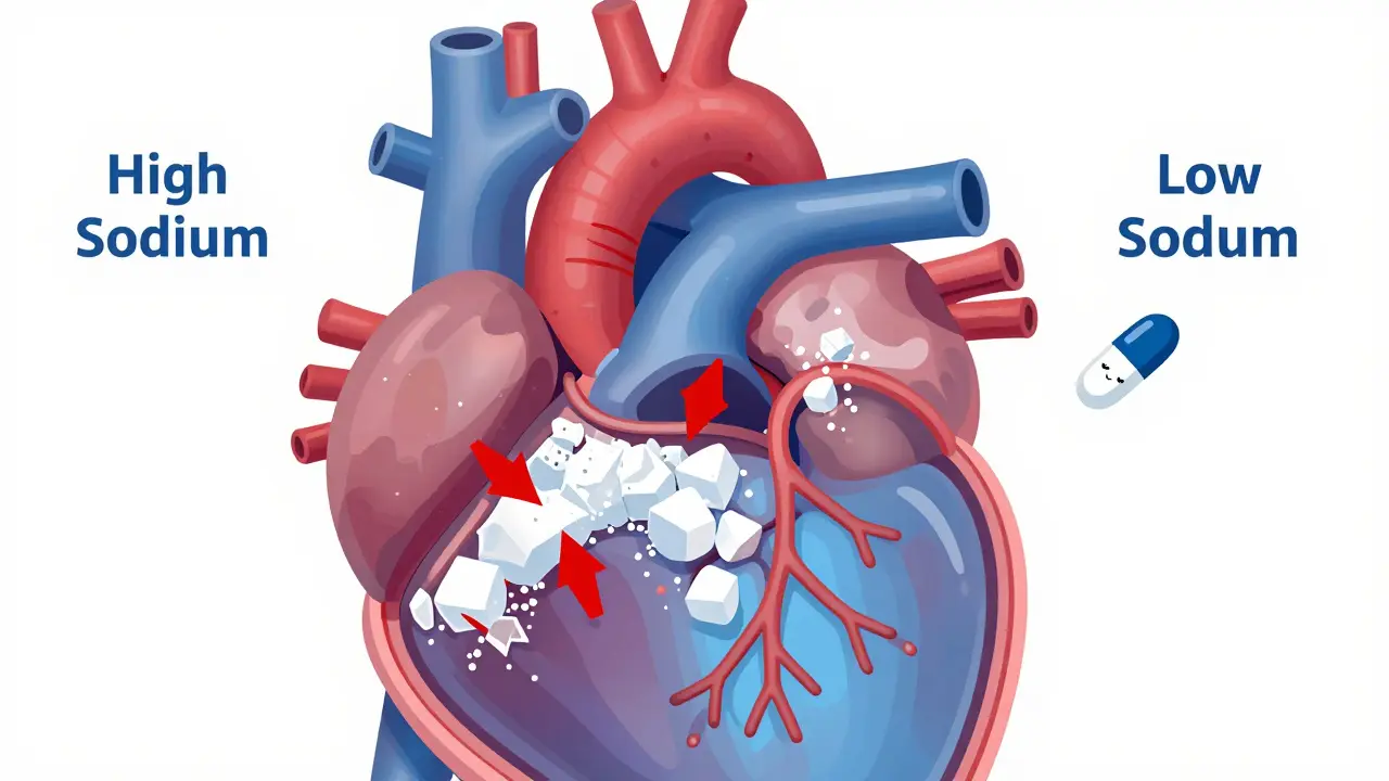 Diagram showing salt constricting arteries vs relaxed vessels
