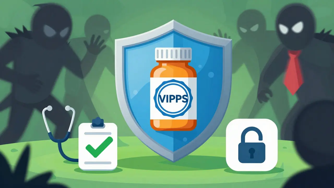 Graphic showing safety shield protecting generic pills from scams
