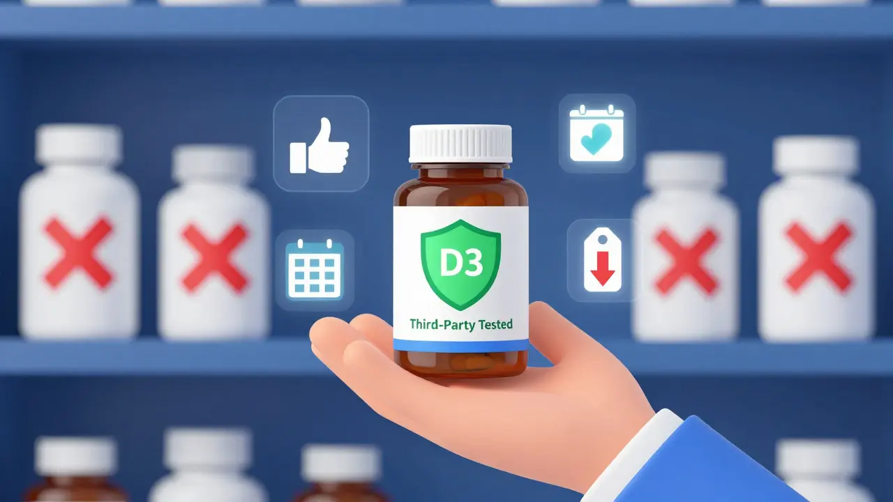 Hand selecting a verified, third-party tested vitamin D bottle online