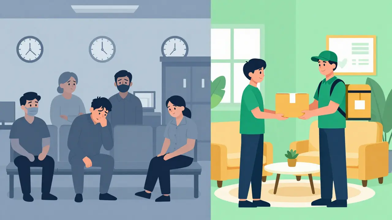 Illustration comparing crowded clinic waiting room to convenient home delivery