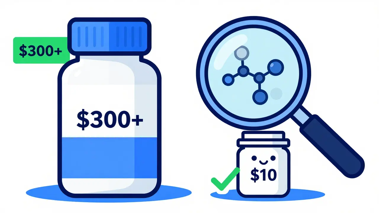 Illustration comparing expensive brand drug with affordable generic equivalent
