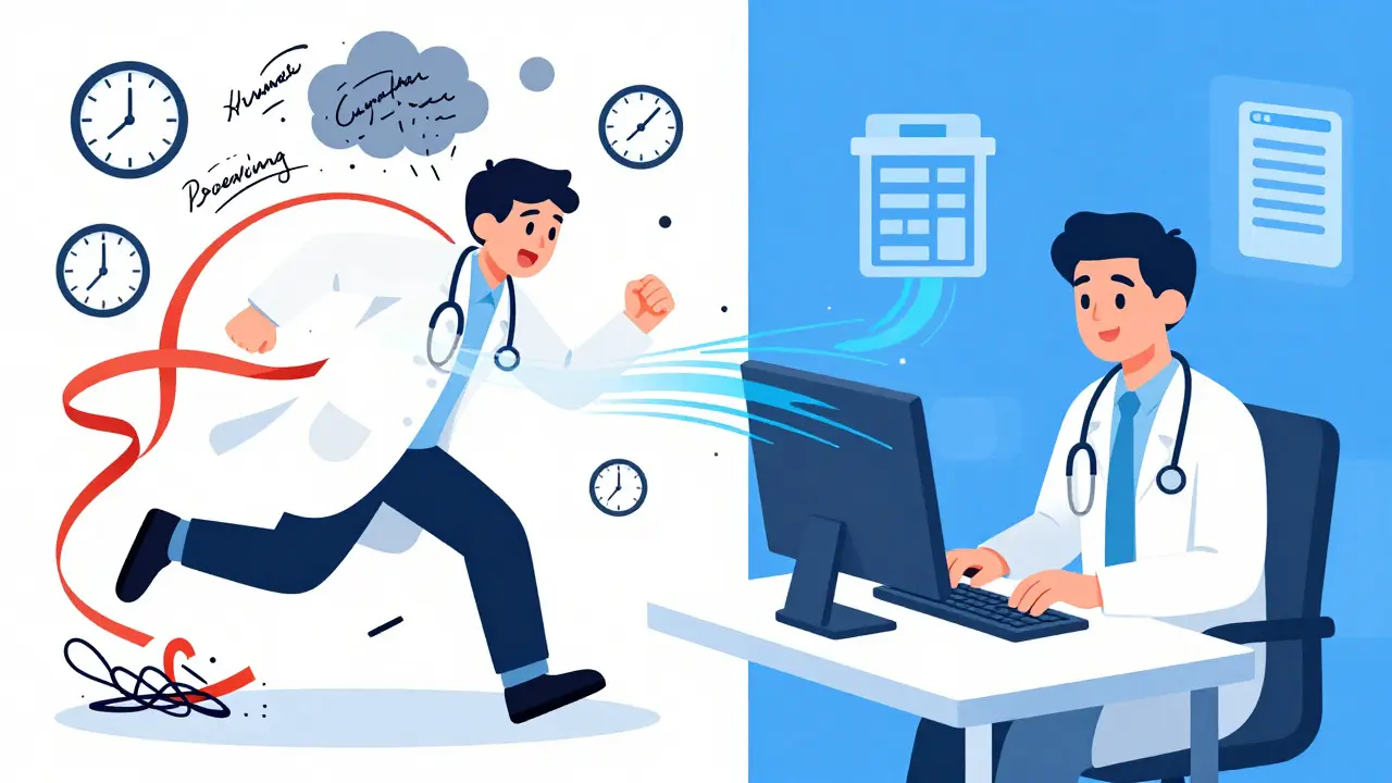 Illustration comparing rushed doctor with messy notes to calm doctor using digital system.