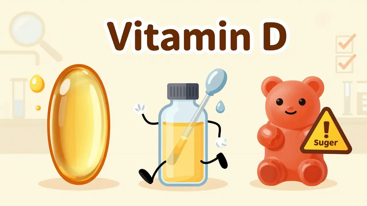Illustration comparing softgels, liquid drops, and gummies as vitamin forms