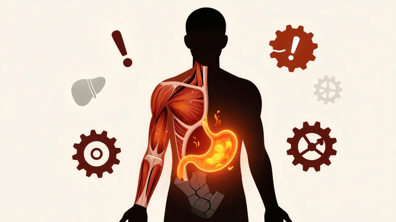 Illustration depicting symptoms of colchicine toxicity including muscle breakdown