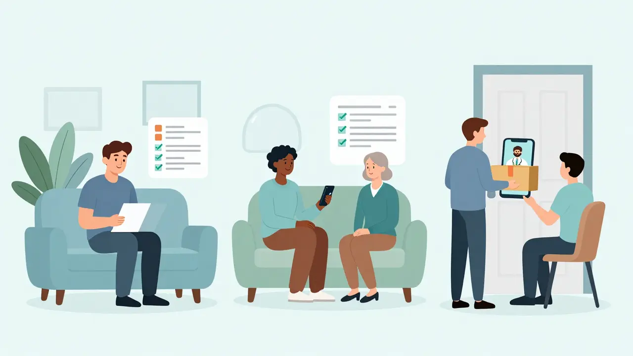Illustration of men using telehealth apps for discreet medical consultation