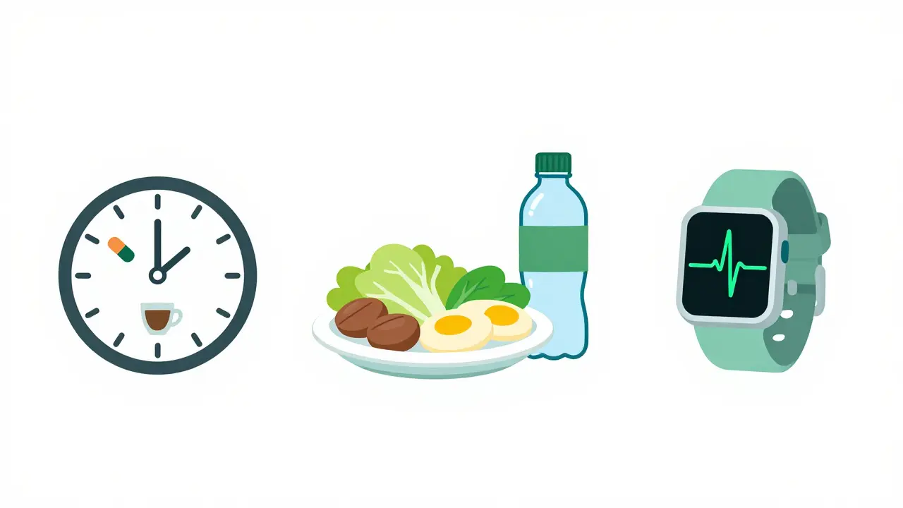 Illustration of safe usage tips: timing doses, eating food, and monitoring health