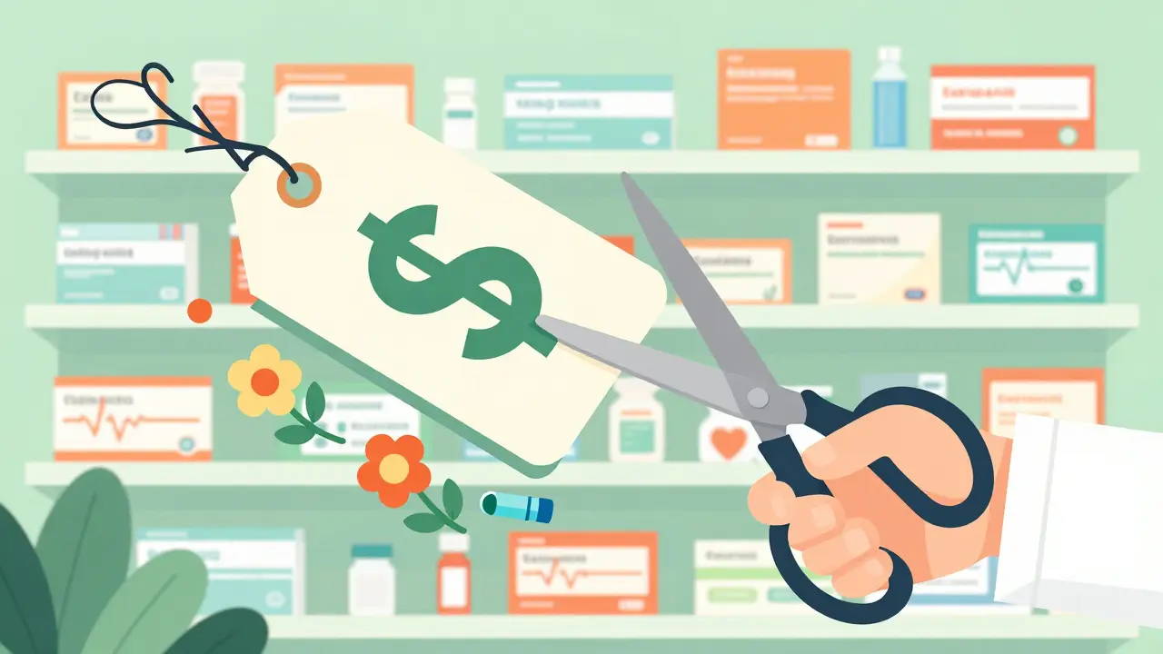Scissors cutting a high price tag, transforming into affordable healthcare symbols