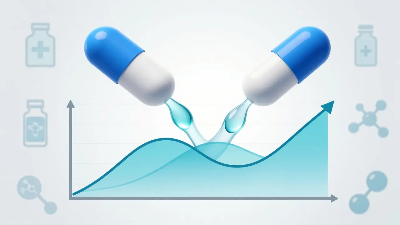 Two pills dissolving into overlapping absorption curves showing bioequivalence